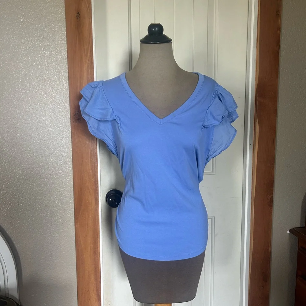 Blue Ruffle Sleeve V-Neck Top Ralph Lauren - Picture 6 of 6